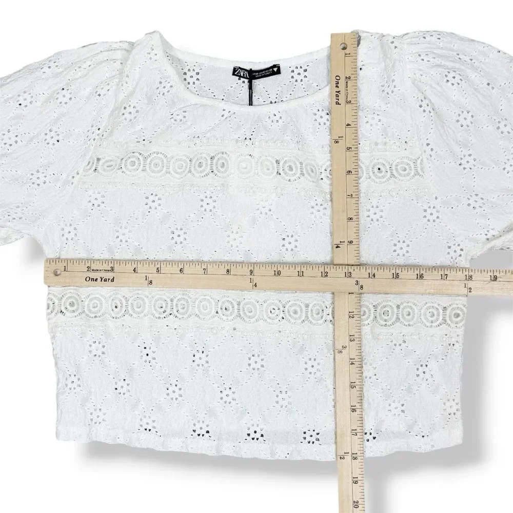 Zara Eyelet Balloon Sleeve Crop Top Shirt White Medium Cottagecore‎ Boho Country
